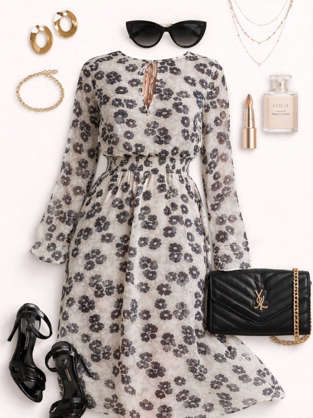 Ted Baker Black and White Floral Long Sleeve Dress